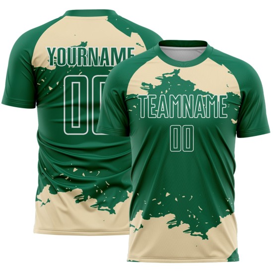Maglia da calcio Kelly personalizzata con frammento d'arte astratta verde e crema, stampata a sublimazione Maglia da calcio Kelly personalizzata con frammento d'arte astratta verde e crema, stampata a sublimazione