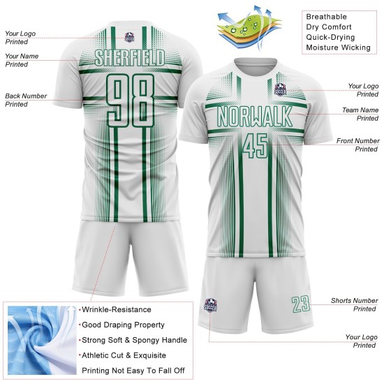 Maglia da calcio verde uniforme bianca con linee sublimatiche Kelly Custom Maglia da calcio verde uniforme bianca con linee sublimatiche Kelly Custom