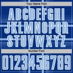 Maglia da calcio personalizzata Royal Soccer con linee chiare stampate a sublimazione, blu e bianco Maglia da calcio personalizzata Royal Soccer con linee chiare stampate a sublimazione, blu e bianco