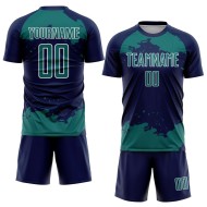 Frammento di sublimazione astratta personalizzata maglia blu navy uniforme da calcio arte verde acqua-bianco Frammento di sublimazione astratta personalizzata maglia blu navy uniforme da calcio arte verde acqua-bianco