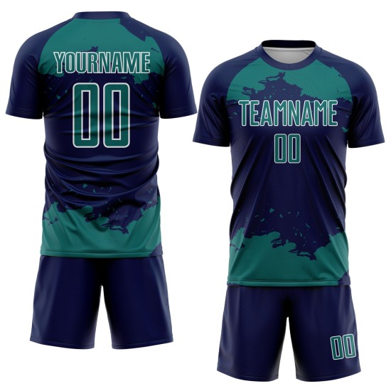 Frammento di sublimazione astratta personalizzata maglia blu navy uniforme da calcio arte verde acqua-bianco Frammento di sublimazione astratta personalizzata maglia blu navy uniforme da calcio arte verde acqua-bianco