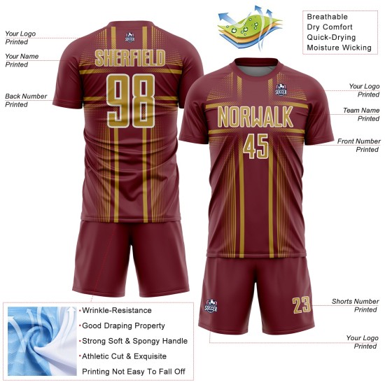 Maglia da calcio personalizzata bordeaux con vecchia uniforme a sublimazione e linee oro-bianche