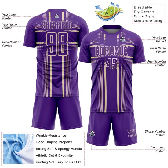 Maglia da calcio personalizzata con stampa sublimatica viola e crema Maglia da calcio personalizzata con stampa sublimatica viola e crema