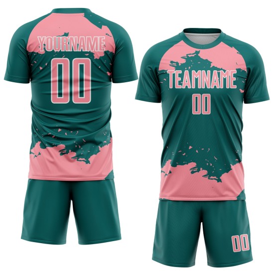 Maglia da calcio personalizzata con stampa a sublimazione di medie dimensioni, motivo astratto, rosa e bianco, frammento verde acqua Maglia da calcio personalizzata con stampa a sublimazione di medie dimensioni, motivo astratto, rosa e bianco, frammento verde acqua