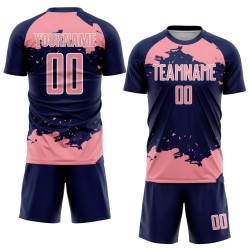 Maglia da calcio personalizzata con stampa a sublimazione, motivo astratto rosa-bianco blu navy, frammento d'arte di medie dimensioni Maglia da calcio personalizzata con stampa a sublimazione, motivo astratto rosa-bianco blu navy, frammento d'arte di medie dimensioni