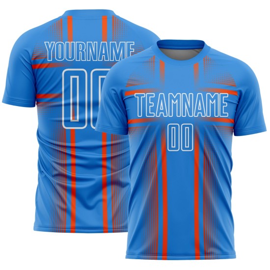 Maglia da calcio personalizzata con linee di sublimazione blu polvere arancione e bianco Maglia da calcio personalizzata con linee di sublimazione blu polvere arancione e bianco