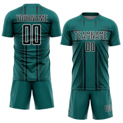 Maglia da calcio personalizzata con linee di sublimazione uniformi nero-bianco verde acqua Maglia da calcio personalizzata con linee di sublimazione uniformi nero-bianco verde acqua