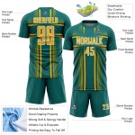 Maglia da calcio uniforme con linee color verde acqua, stampata a sublimazione oro-bianco personalizzata