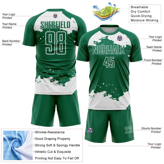Maglia da calcio Kelly bianca personalizzata con tecnica di sublimazione, frammento astratto verde Maglia da calcio Kelly bianca personalizzata con tecnica di sublimazione, frammento astratto verde