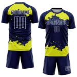 Maglia personalizzata, uniforme, arte, giallo-bianco, neon, astratto, calcio, frammento blu navy, sublimazione Maglia personalizzata, uniforme, arte, giallo-bianco, neon, astratto, calcio, frammento blu navy, sublimazione