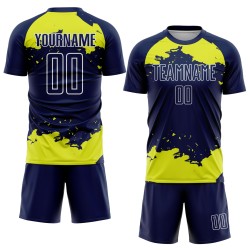 Maglia personalizzata, uniforme, arte, giallo-bianco, neon, astratto, calcio, frammento blu navy, sublimazione Maglia personalizzata, uniforme, arte, giallo-bianco, neon, astratto, calcio, frammento blu navy, sublimazione