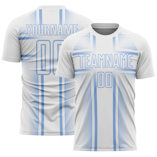 Maglia da calcio bianca con linee azzurre personalizzate con stampa a sublimazione Maglia da calcio bianca con linee azzurre personalizzate con stampa a sublimazione