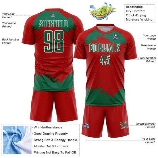 Frammento di arte personalizzata da calcio verde-bianco, maglia uniforme rossa, astratto, sublimazione Kelly Frammento di arte personalizzata da calcio verde-bianco, maglia uniforme rossa, astratto, sublimazione Kelly