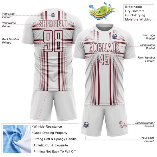 Maglia da calcio personalizzata con linee bordeaux e stampata a sublimazione bianca Maglia da calcio personalizzata con linee bordeaux e stampata a sublimazione bianca