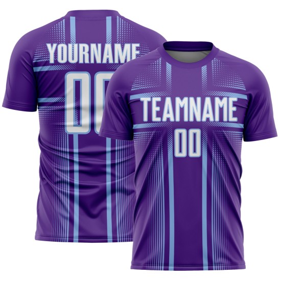Maglia da calcio personalizzata con stampa sublimatica blu e viola, divisa da calcio bianca e chiara Maglia da calcio personalizzata con stampa sublimatica blu e viola, divisa da calcio bianca e chiara