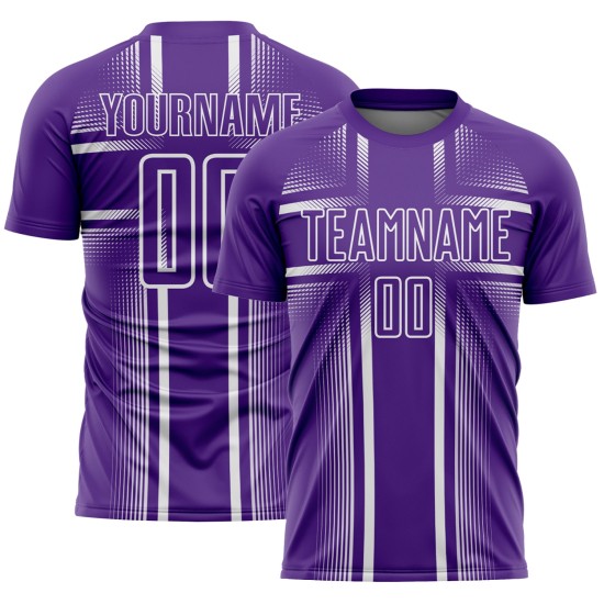 Maglia da calcio bianca e viola con linee uniformi stampate a sublimazione Maglia da calcio bianca e viola con linee uniformi stampate a sublimazione