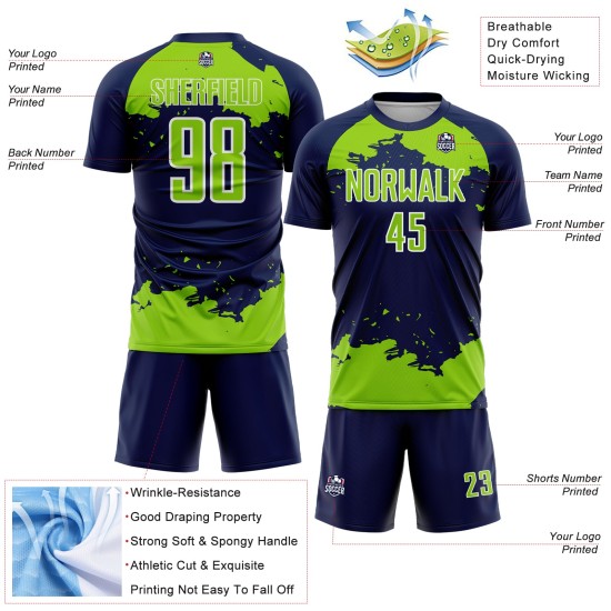 Maglia da calcio Frammento Neon Sublimazione Artistica Uniforme Personalizzata Astratto Blu Navy Verde-Bianco Maglia da calcio Frammento Neon Sublimazione Artistica Uniforme Personalizzata Astratto Blu Navy Verde-Bianco