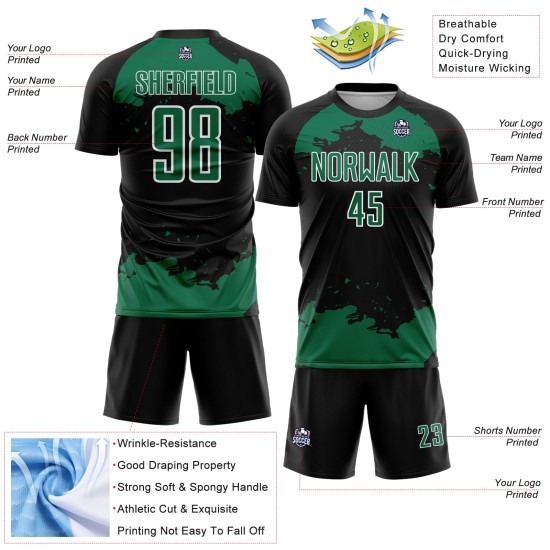 Maglia da calcio Kelly Uniform Black Abstract personalizzata con stampa a sublimazione, frammento verde-bianco Maglia da calcio Kelly Uniform Black Abstract personalizzata con stampa a sublimazione, frammento verde-bianco
