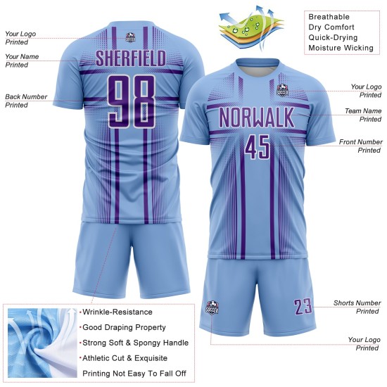 Maglia da calcio blu chiaro con stampa sublimatica viola-bianca, uniforme personalizzata Maglia da calcio blu chiaro con stampa sublimatica viola-bianca, uniforme personalizzata