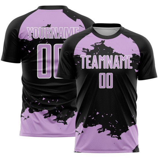 Maglia da calcio personalizzata con frammento di uniforme, stampata a sublimazione, nera, viola e bianca, astratta Maglia da calcio personalizzata con frammento di uniforme, stampata a sublimazione, nera, viola e bianca, astratta