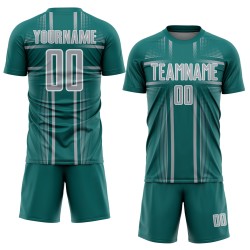 Maglia da calcio con linee uniformi, colore grigio-verde acqua e bianco, stampata a sublimazione personalizzata