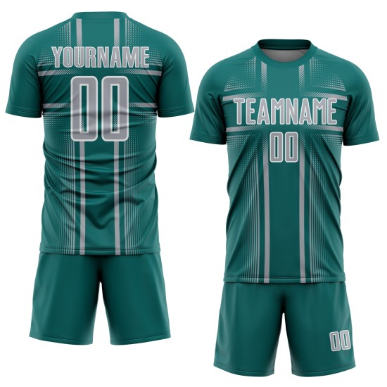 Maglia da calcio con linee uniformi, colore grigio-verde acqua e bianco, stampata a sublimazione personalizzata Maglia da calcio con linee uniformi, colore grigio-verde acqua e bianco, stampata a sublimazione personalizzata