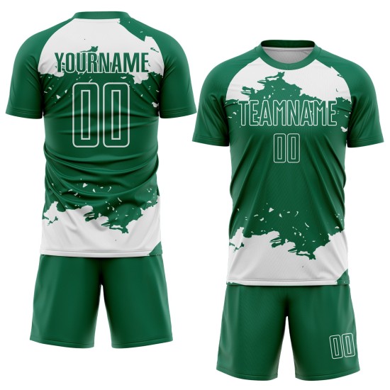 Maglia da calcio Kelly bianca personalizzata con tecnica di sublimazione, frammento astratto verde Maglia da calcio Kelly bianca personalizzata con tecnica di sublimazione, frammento astratto verde
