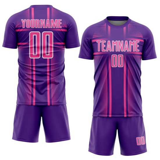 Maglia da calcio personalizzata con linee viola e stampa sublimatica rosa-bianca Maglia da calcio personalizzata con linee viola e stampa sublimatica rosa-bianca