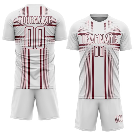 Maglia da calcio personalizzata con linee bordeaux e stampata a sublimazione bianca Maglia da calcio personalizzata con linee bordeaux e stampata a sublimazione bianca
