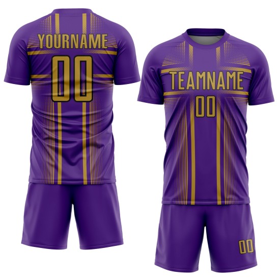 Maglia da calcio personalizzata con linee viola uniforme stampata a sublimazione, oro antico-nero Maglia da calcio personalizzata con linee viola uniforme stampata a sublimazione, oro antico-nero