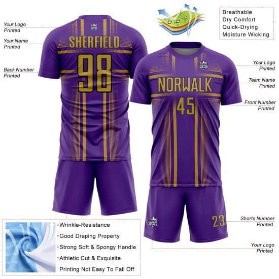 Maglia da calcio personalizzata con linee viola uniforme stampata a sublimazione, oro antico-nero Maglia da calcio personalizzata con linee viola uniforme stampata a sublimazione, oro antico-nero