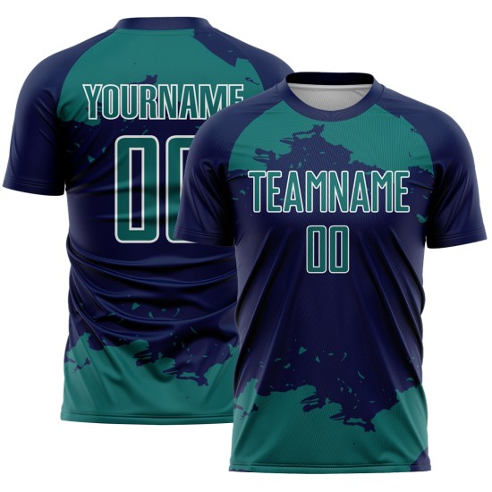 Frammento di sublimazione astratta personalizzata maglia blu navy uniforme da calcio arte verde acqua-bianco Frammento di sublimazione astratta personalizzata maglia blu navy uniforme da calcio arte verde acqua-bianco