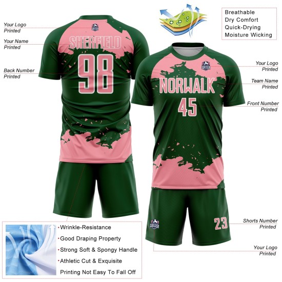Frammento di uniforme da calcio con stampa a sublimazione astratta rosa-bianca su maglia verde personalizzata Frammento di uniforme da calcio con stampa a sublimazione astratta rosa-bianca su maglia verde personalizzata