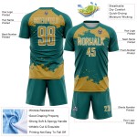 Frammento di arte astratta della vecchia maglia con sublimazione, uniforme da calcio personalizzata in oro e bianco, verde acqua