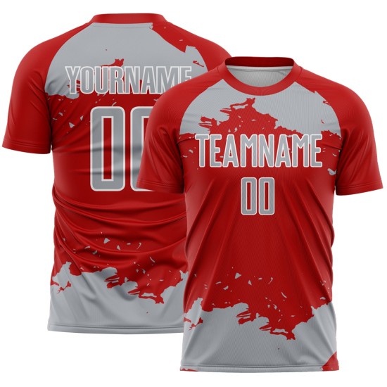 Maglia da calcio personalizzata con stampa a sublimazione, frammento d'arte astratta rossa uniforme grigio-bianca Maglia da calcio personalizzata con stampa a sublimazione, frammento d'arte astratta rossa uniforme grigio-bianca