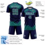 Frammento di sublimazione astratta personalizzata maglia blu navy uniforme da calcio arte verde acqua-bianco Frammento di sublimazione astratta personalizzata maglia blu navy uniforme da calcio arte verde acqua-bianco