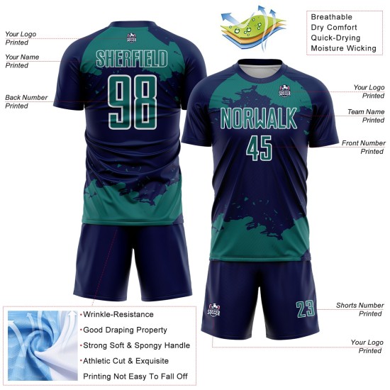 Frammento di sublimazione astratta personalizzata maglia blu navy uniforme da calcio arte verde acqua-bianco Frammento di sublimazione astratta personalizzata maglia blu navy uniforme da calcio arte verde acqua-bianco