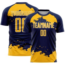 Maglia da calcio personalizzata con stampa a sublimazione oro-bianco blu navy, frammento astratto, uniforme artistica