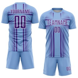 Maglia da calcio blu chiaro con stampa sublimatica viola-bianca, uniforme personalizzata