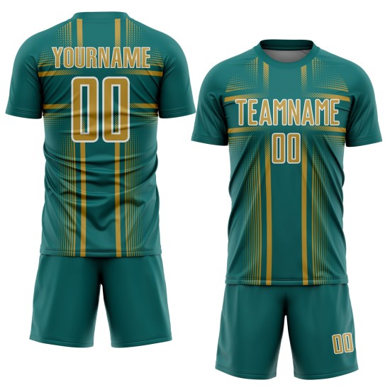 Maglia da calcio personalizzata Old Lines Sublimation Uniform Teal Oro-Bianco Maglia da calcio personalizzata Old Lines Sublimation Uniform Teal Oro-Bianco
