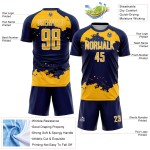 Maglia da calcio personalizzata con stampa a sublimazione oro-bianco blu navy, frammento astratto, uniforme artistica