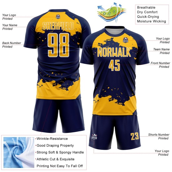 Maglia da calcio personalizzata con stampa a sublimazione oro-bianco blu navy, frammento astratto, uniforme artistica
