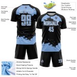 Maglia da calcio personalizzata con motivo astratto leggero, stampata a sublimazione, blu-bianco, uniforme nera Maglia da calcio personalizzata con motivo astratto leggero, stampata a sublimazione, blu-bianco, uniforme nera