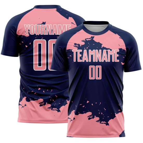 Maglia da calcio personalizzata con stampa a sublimazione, motivo astratto rosa-bianco blu navy, frammento d'arte di medie dimensioni Maglia da calcio personalizzata con stampa a sublimazione, motivo astratto rosa-bianco blu navy, frammento d'arte di medie dimensioni