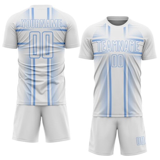 Maglia da calcio bianca con linee azzurre personalizzate con stampa a sublimazione Maglia da calcio bianca con linee azzurre personalizzate con stampa a sublimazione