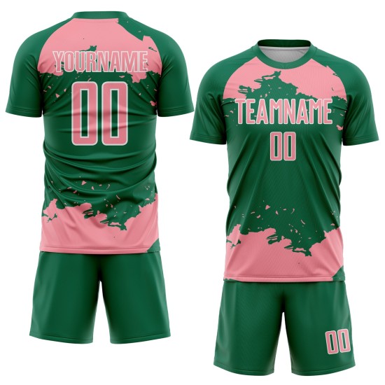 Maglia verde personalizzata Kelly, frammento artistico, stampa astratta rosa-bianca, sublimazione, calcio medio Maglia verde personalizzata Kelly, frammento artistico, stampa astratta rosa-bianca, sublimazione, calcio medio