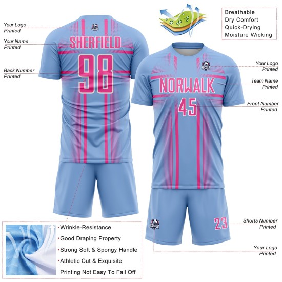 Maglia da calcio uniforme rosa chiaro-bianco blu con linee personalizzate per sublimazione