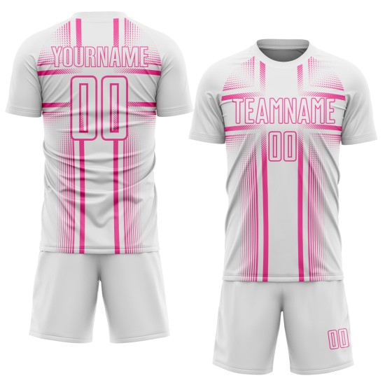 Maglia da calcio con stampa a sublimazione uniforme, linee personalizzate bianche e rosa Maglia da calcio con stampa a sublimazione uniforme, linee personalizzate bianche e rosa