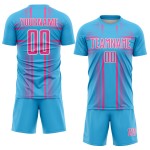 Maglia da calcio personalizzata Sky Lines rosa-bianca blu con stampa sublimatica Maglia da calcio personalizzata Sky Lines rosa-bianca blu con stampa sublimatica