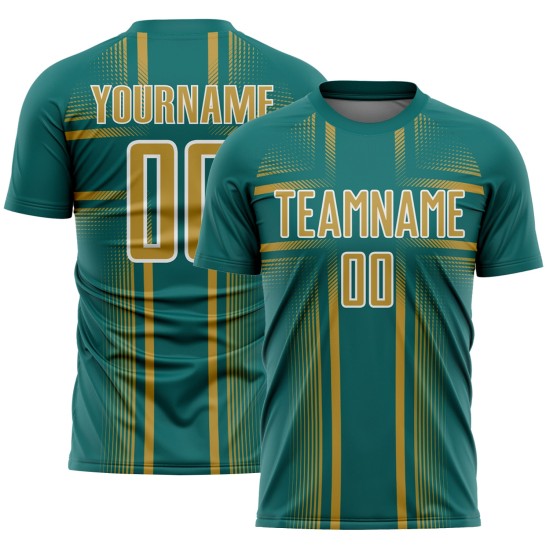 Maglia da calcio personalizzata Old Lines Sublimation Uniform Teal Oro-Bianco Maglia da calcio personalizzata Old Lines Sublimation Uniform Teal Oro-Bianco